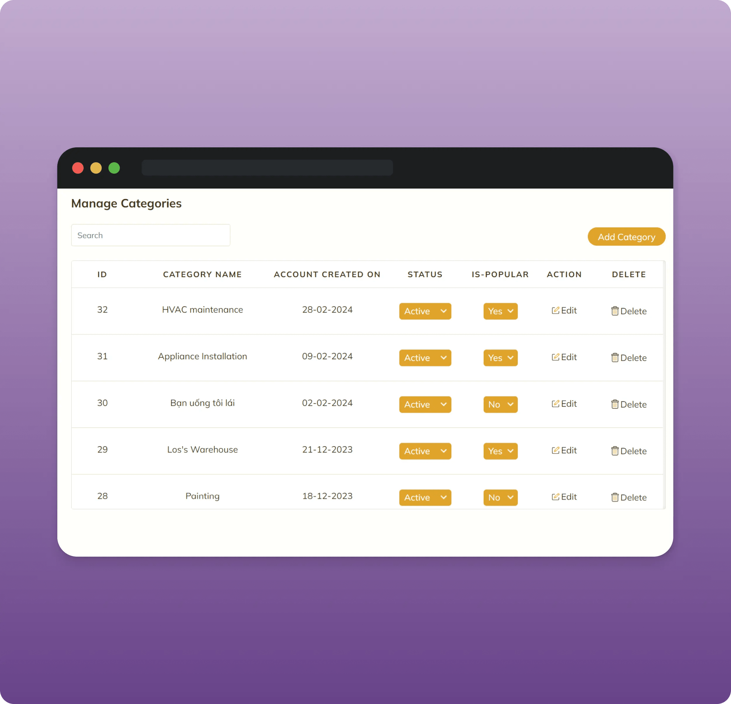 Manage categories
