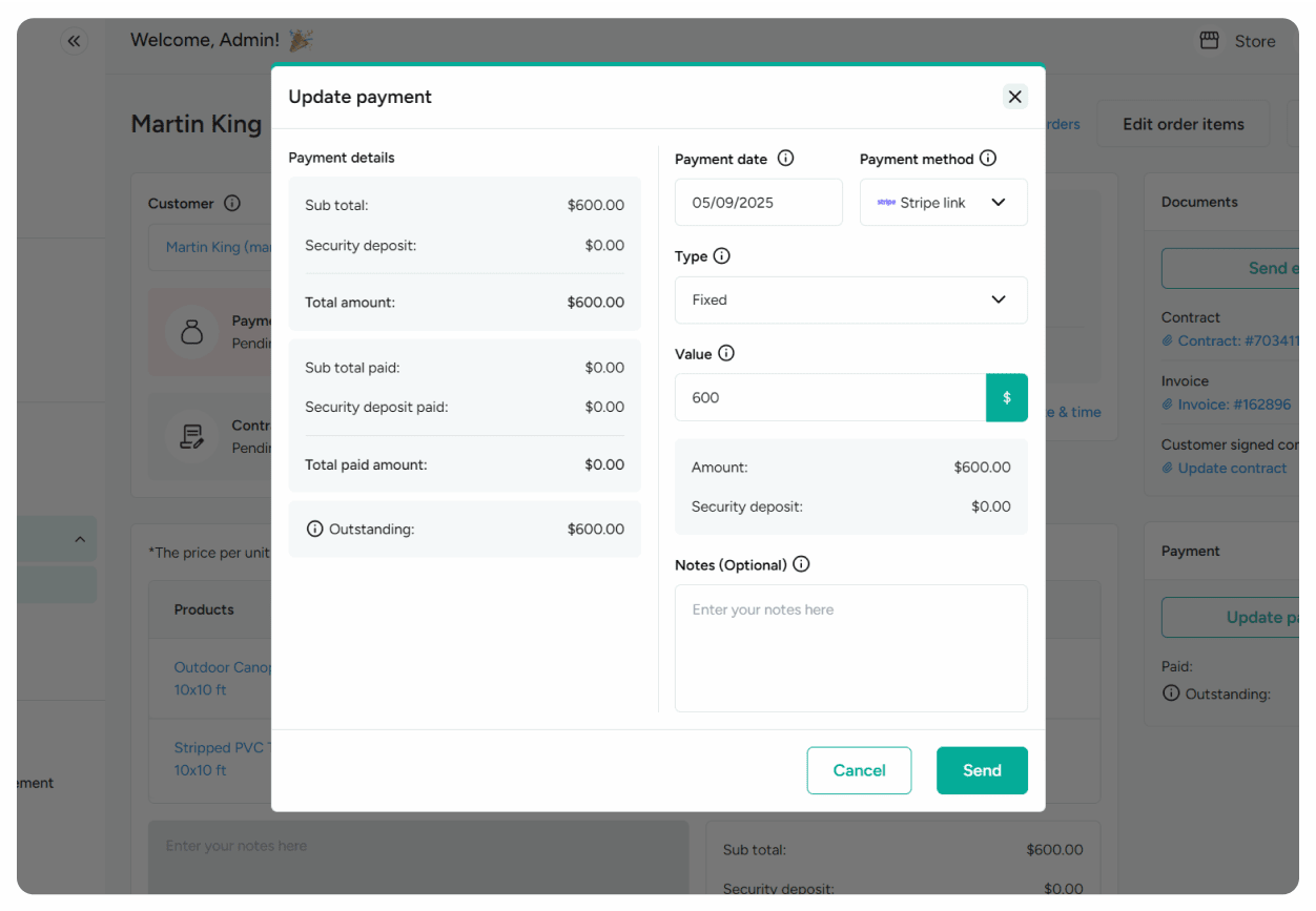 Update the payment method and amount