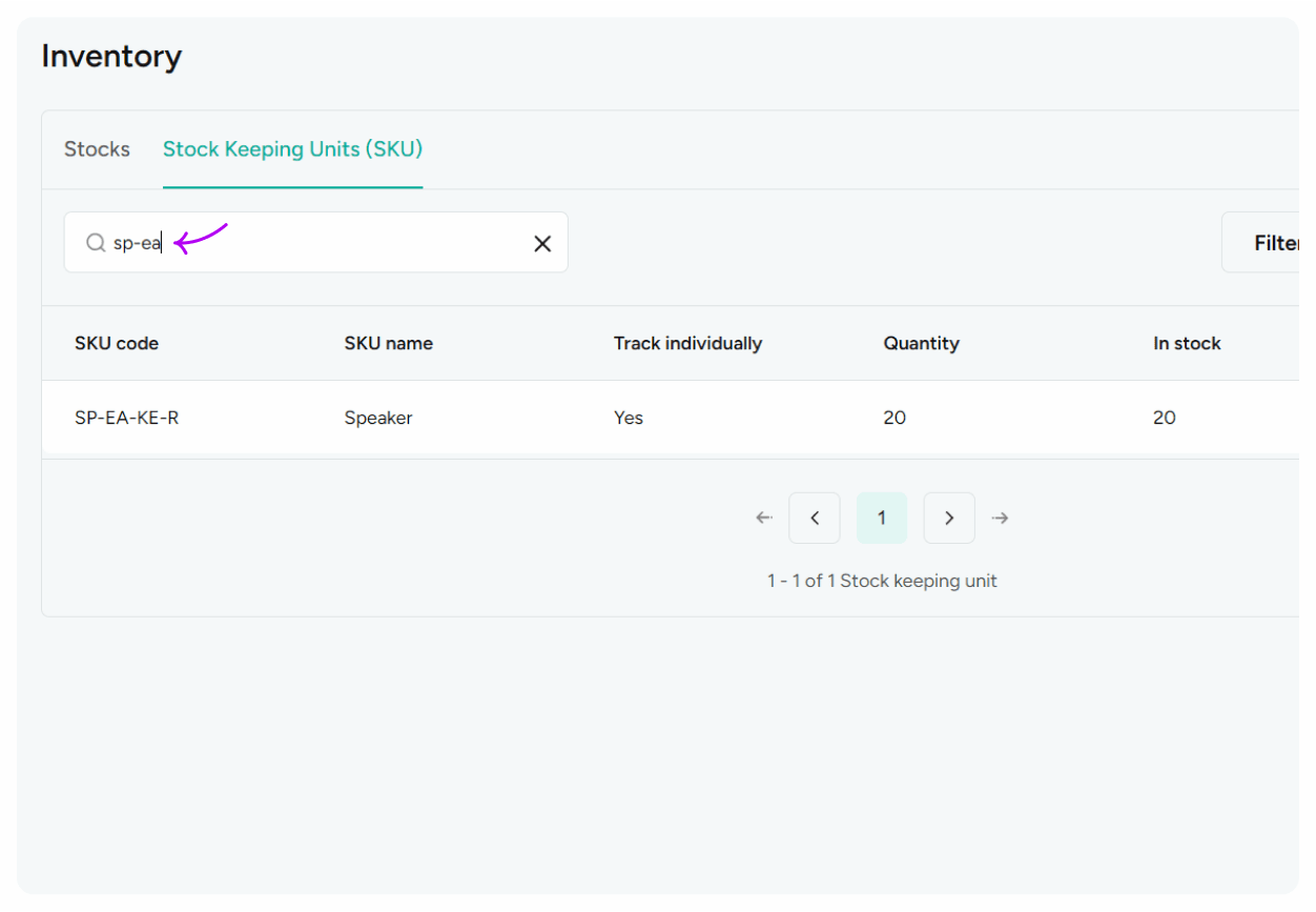 Search Inventory by SKU code