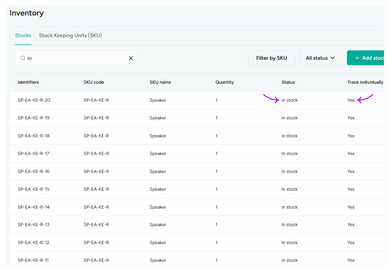 Track individual SKU status