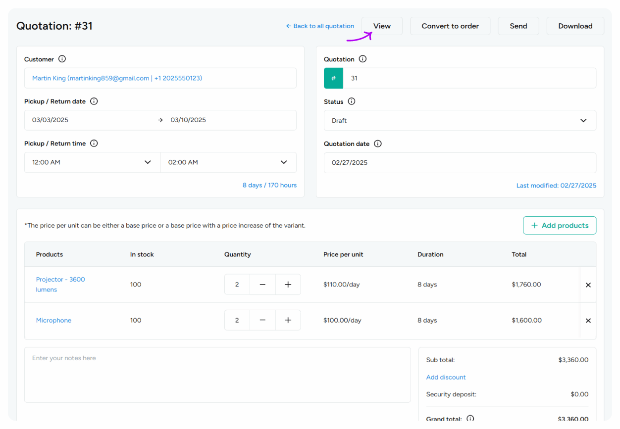 View/edit quotation details
