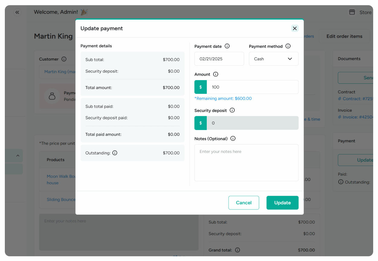 Update payment method and amount