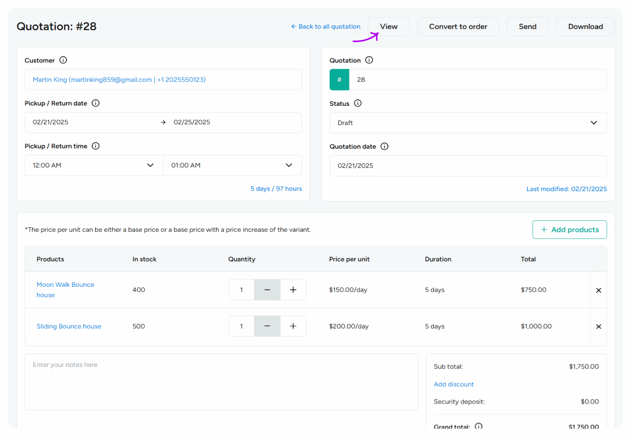 View/edit quotation details