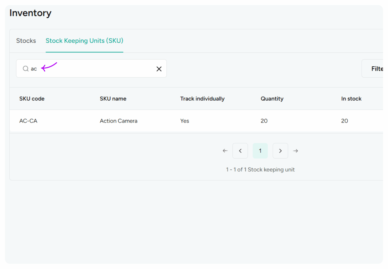 Search Inventory by SKU code
