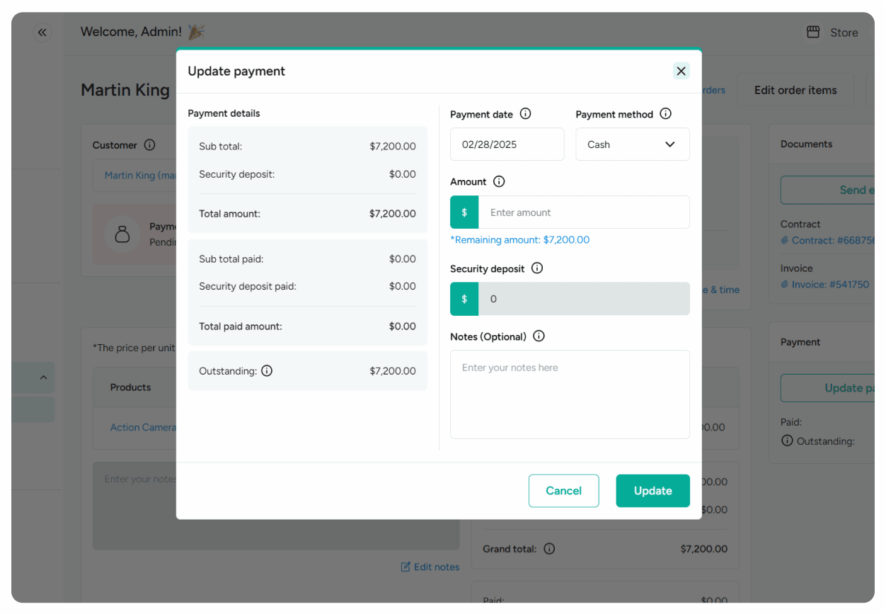 Update payment method and amount