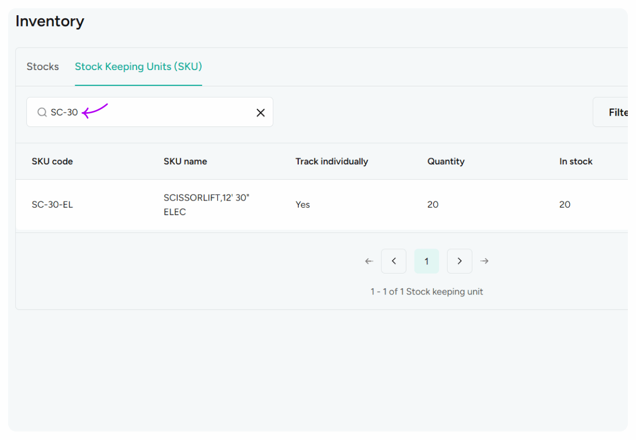 Search Inventory by SKU code