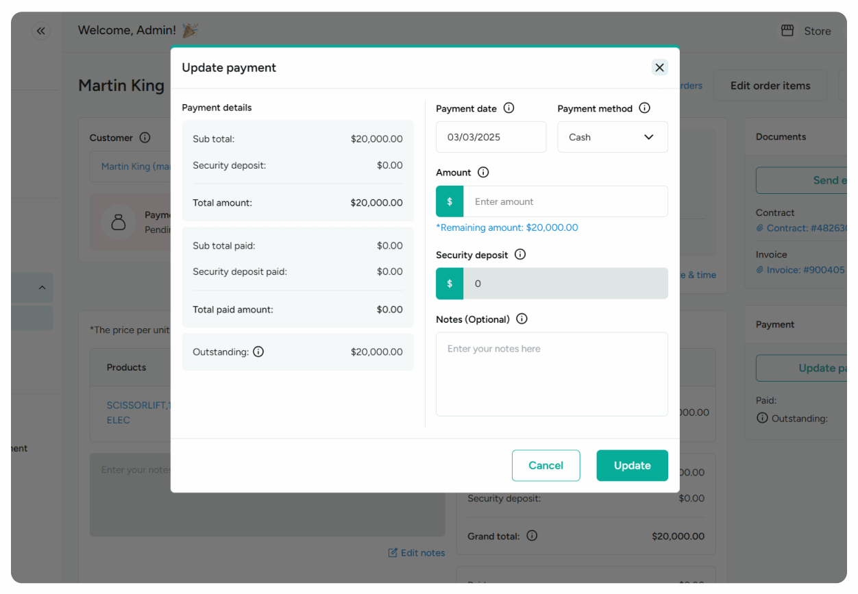 Update payment method and amount