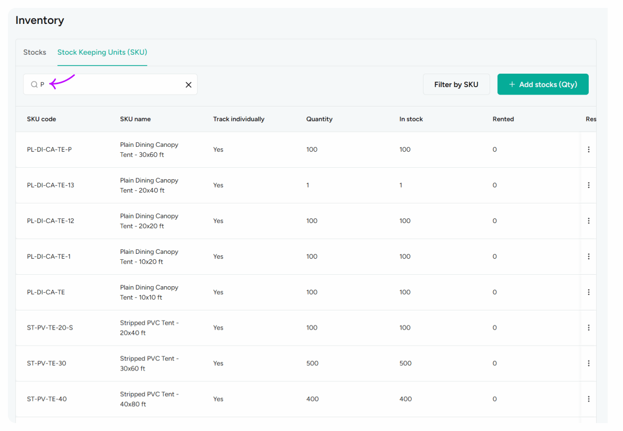 Search Inventory by SKU code