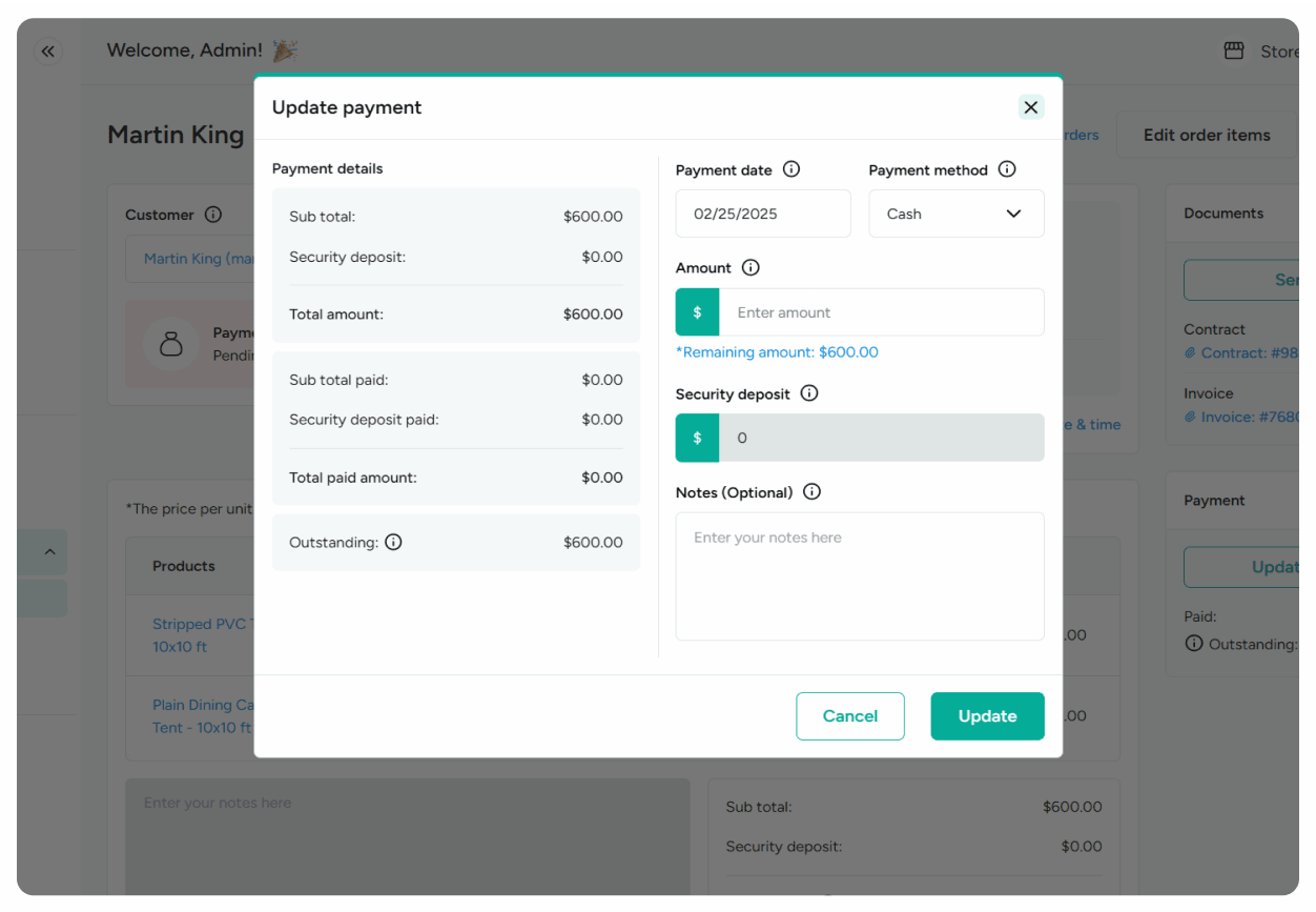Update payment method and amount