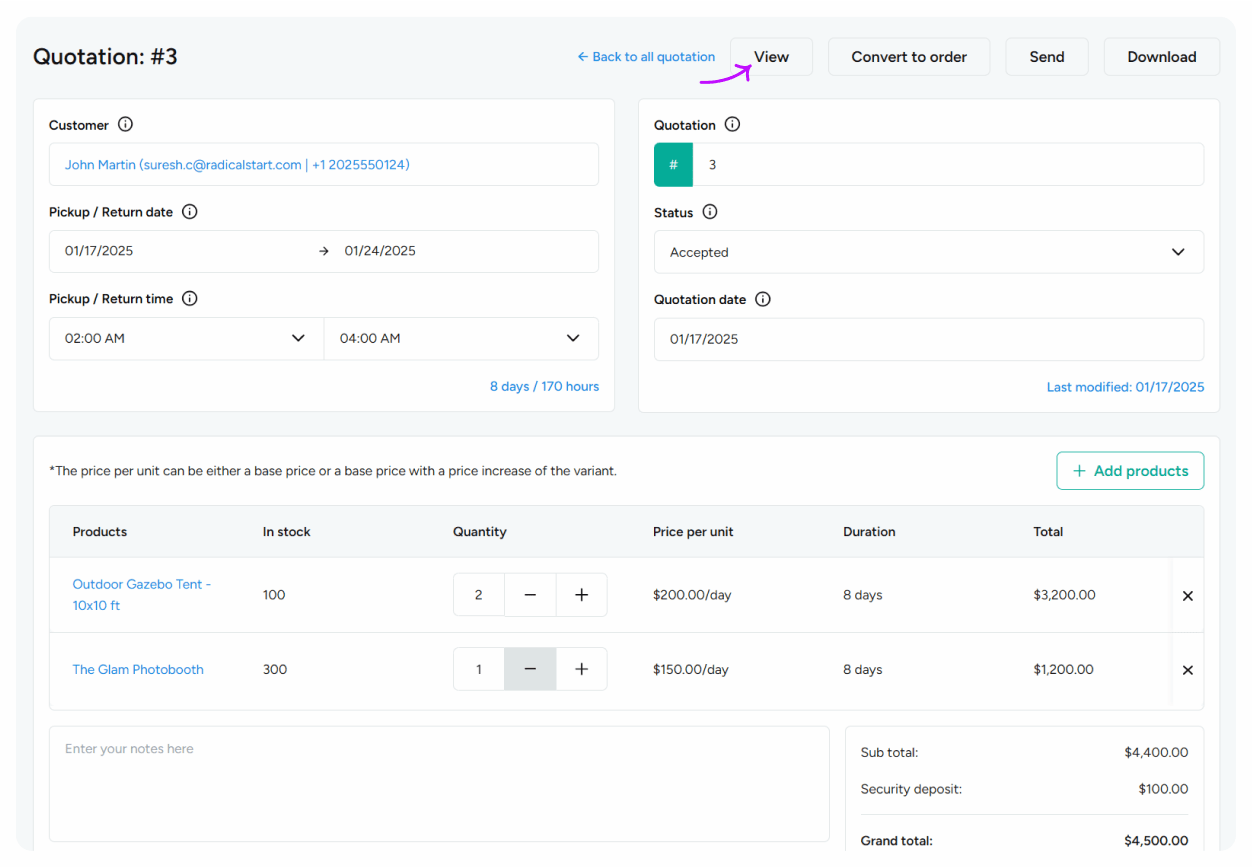 View/edit quotation details