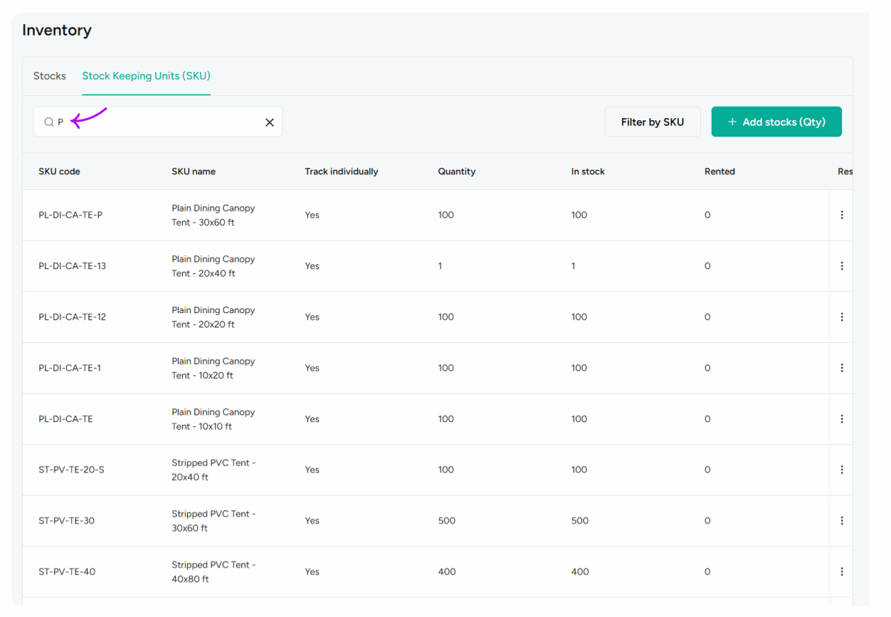 Search Inventory by SKU code