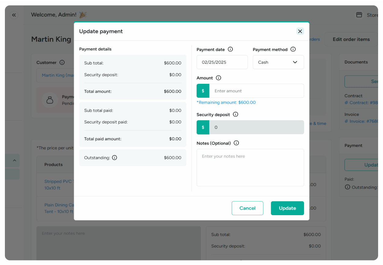 Update payment method and amount