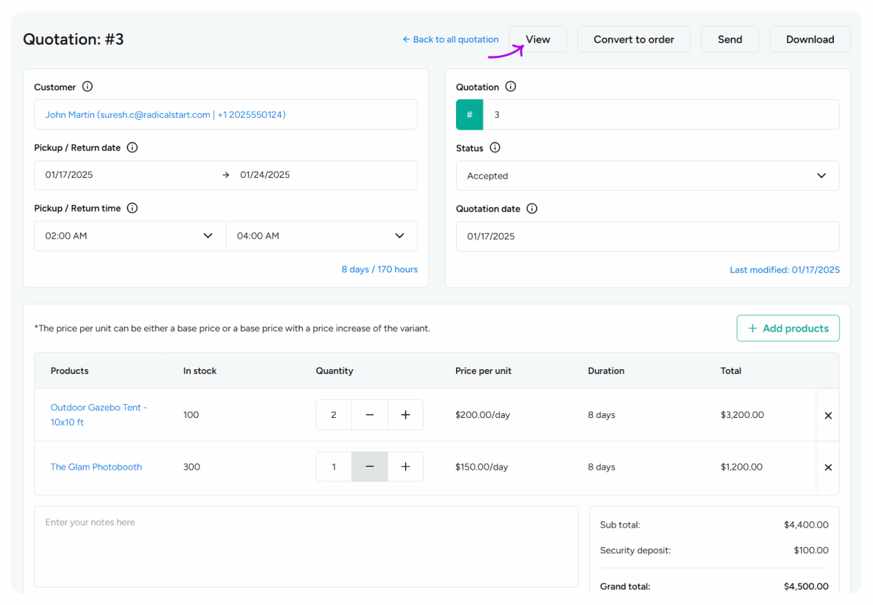 View/edit quotation details