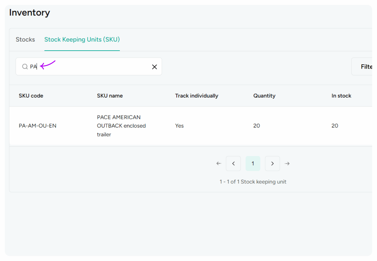 Search Inventory by SKU code
