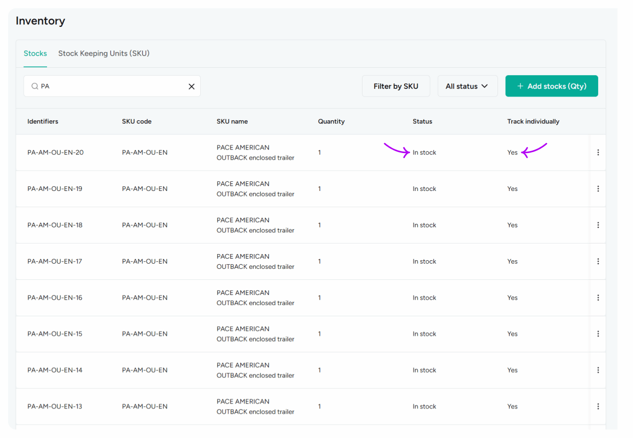 Track individual SKU status