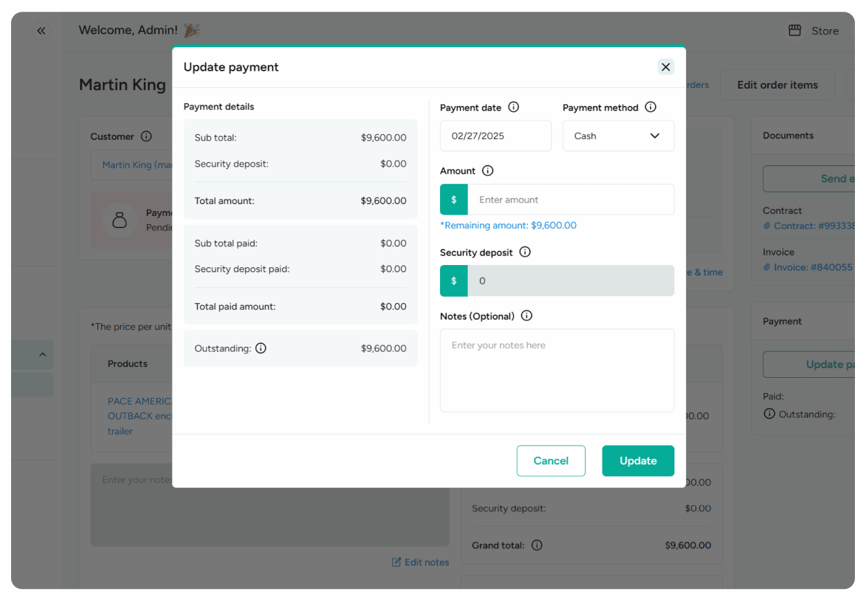 Update payment method and amount