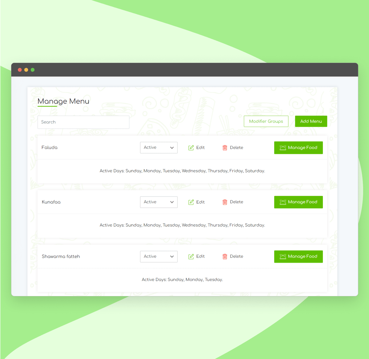 Manage menu