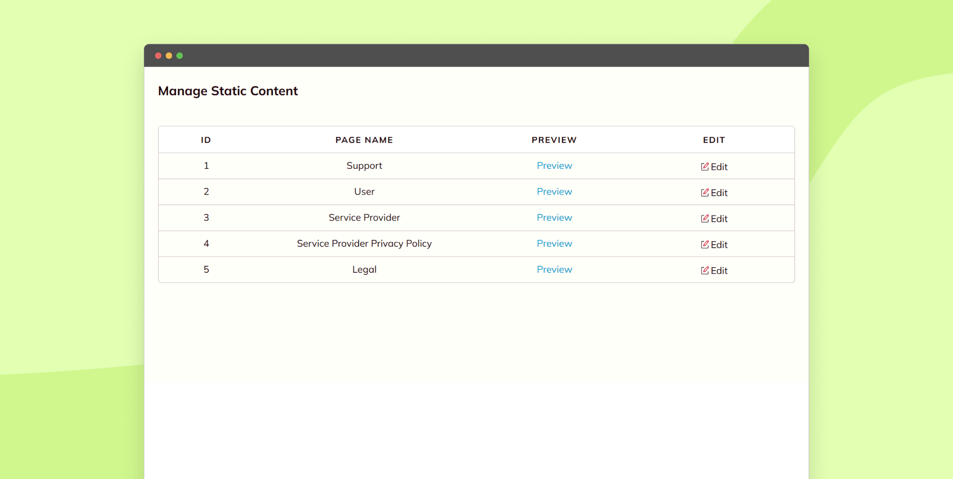 Manage static pages