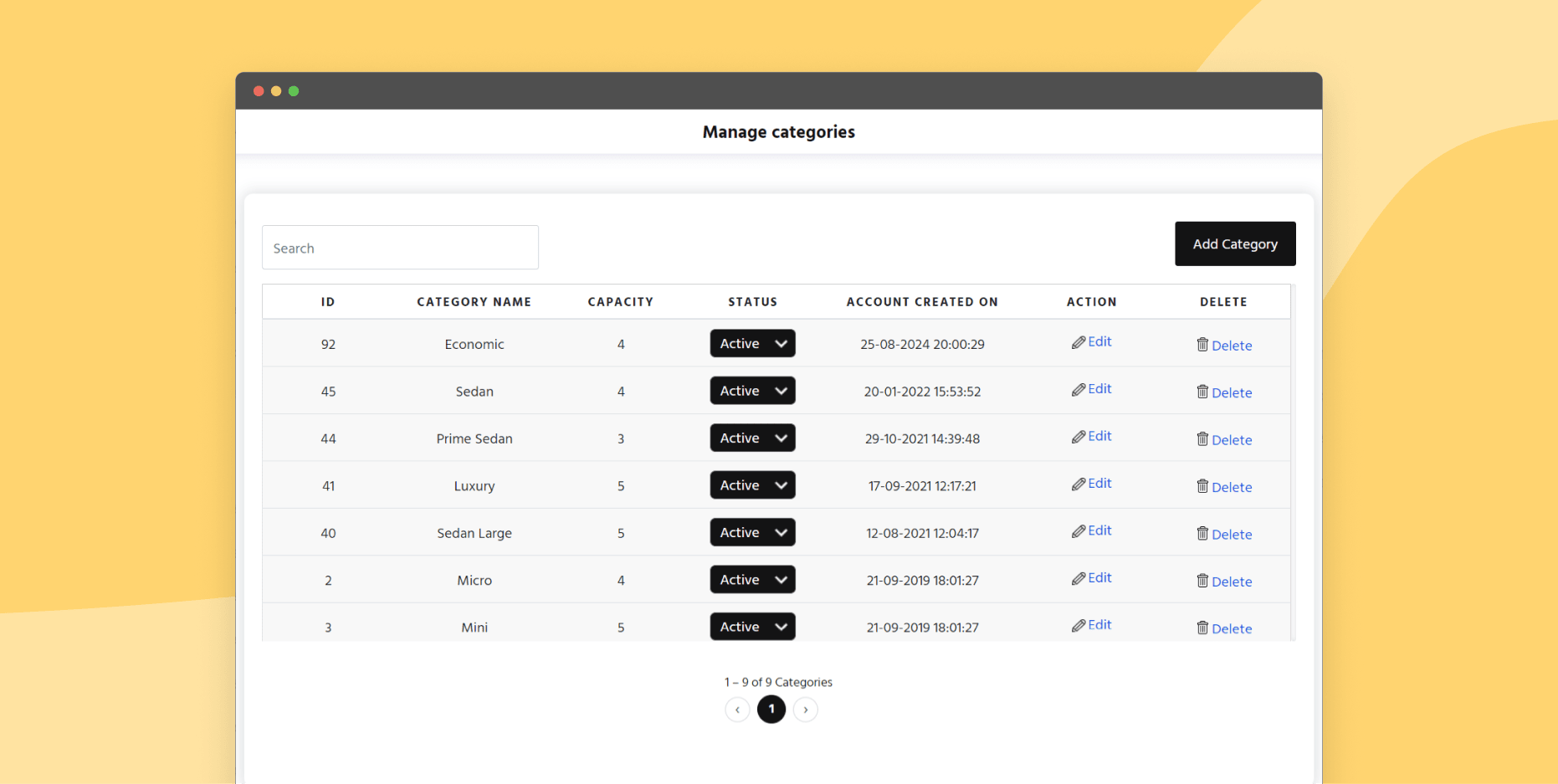 Manage vehicle category