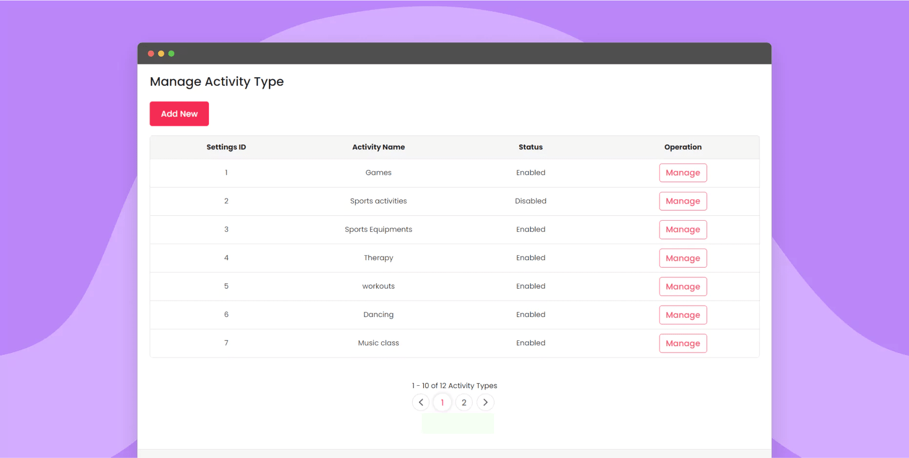 Manage activity type