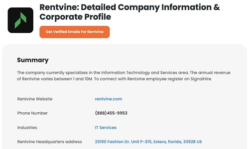 Rentvine’s listing in SignalHire