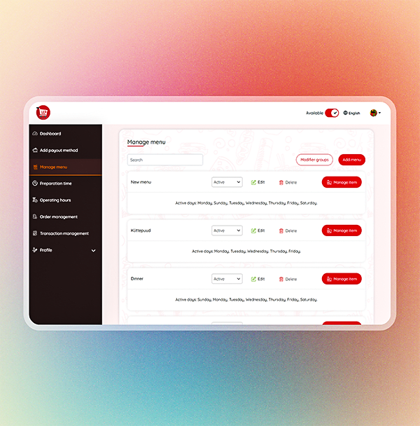 Manage menu