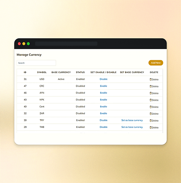 Manage currencies