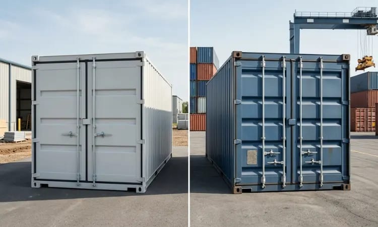 A visual comparison between portable storage containers and shipping containers. AI-generated illustration.