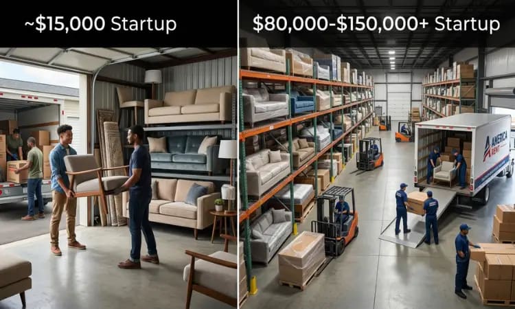 A comparison of lean and full-scale furniture rental business models based on startup investment. AI-generated illustration.
