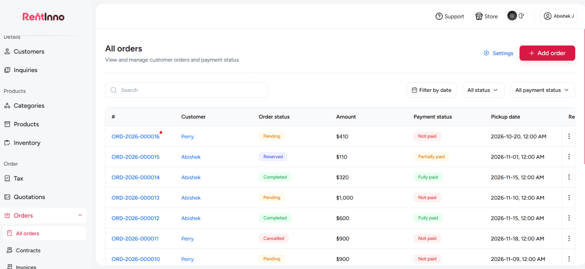 RentInno order management dashboard