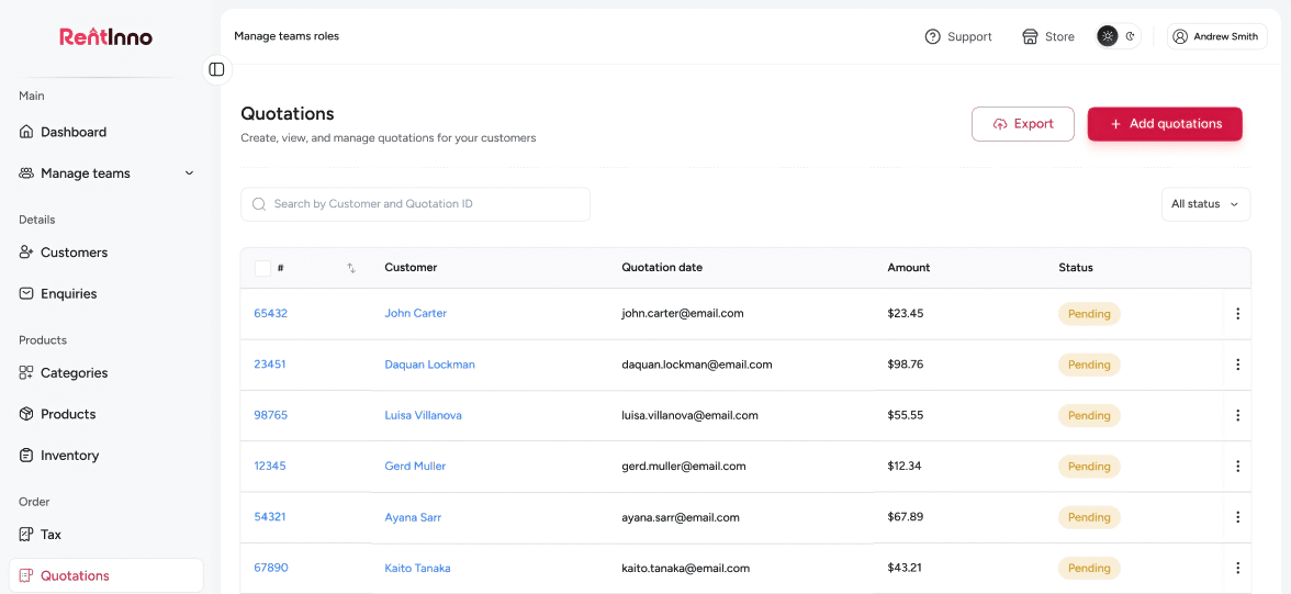 RentInno quotation management dashboard