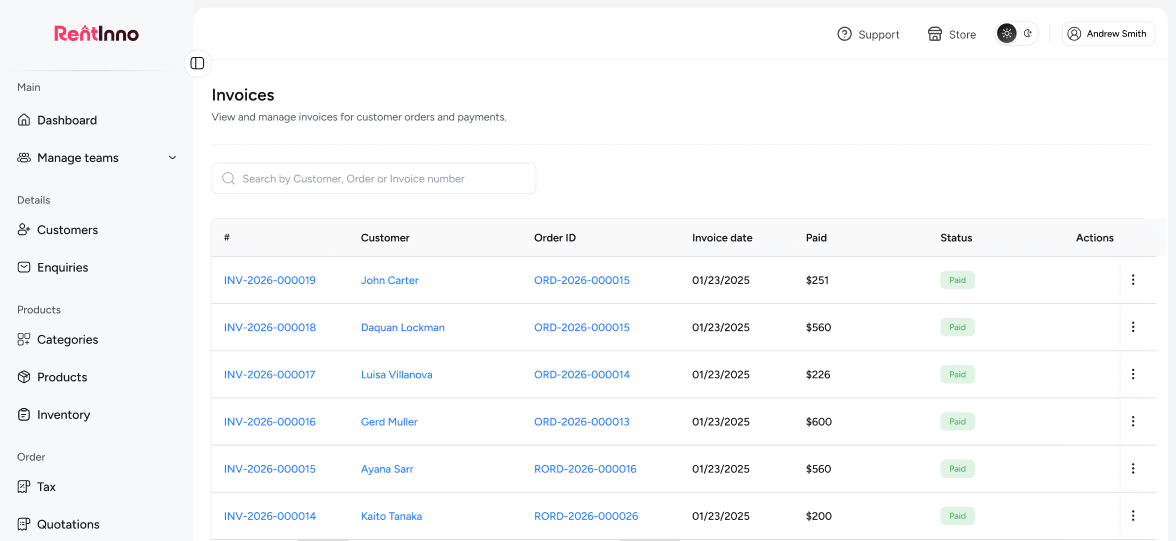 RentInno invoice and payment dashboard