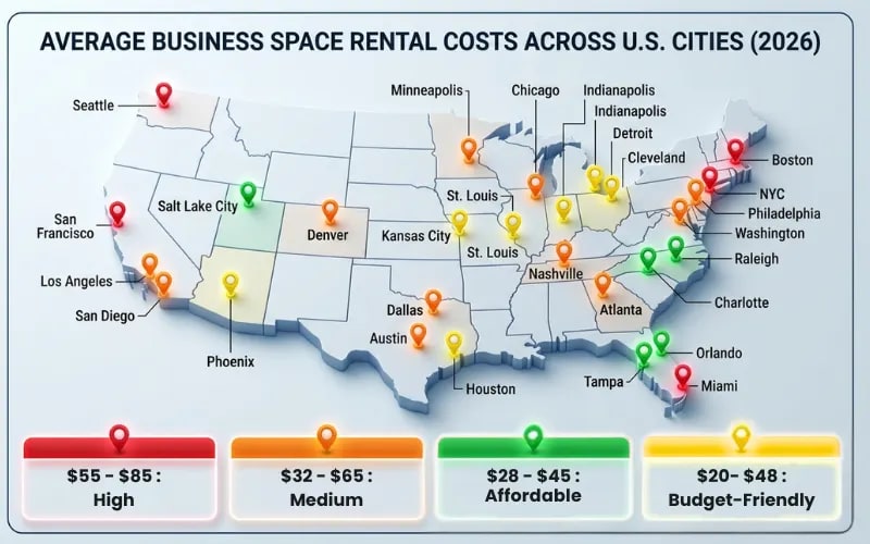 US business space rental cost map
