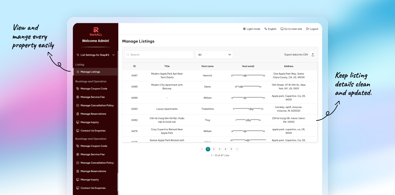 Manage listings