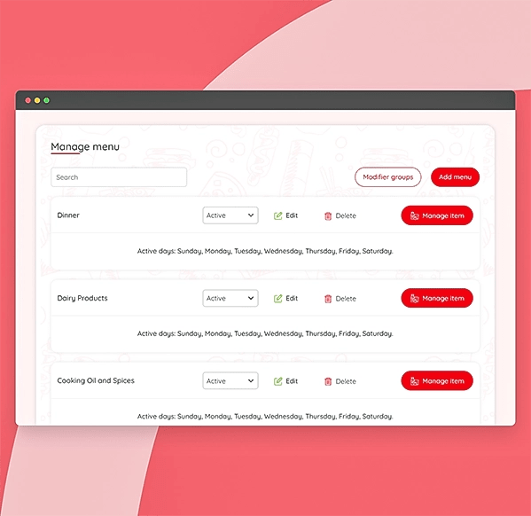 Manage menu
