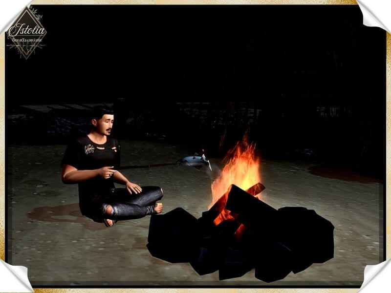 Les Sims 4 | The Castaway challenge English Mon Sims, Tom, est mon naufragé, essaye de survivre tant bien que mal en grillant un poisson, tout frais de sa pêche du jour sur un feu de camp Challenge naufragé Istolia Sims 4