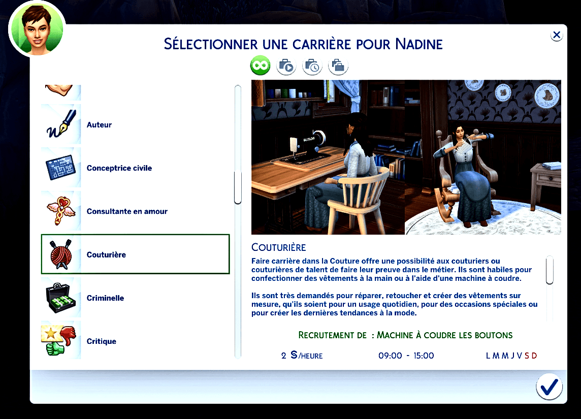 Sims 4 | Traduction FR The Seamstress (Couturier.ière) de Dion Traduction Française du mod The Seamstress Career - Carrière de la moddeuse Dion traduit par Istolia Sims 4
