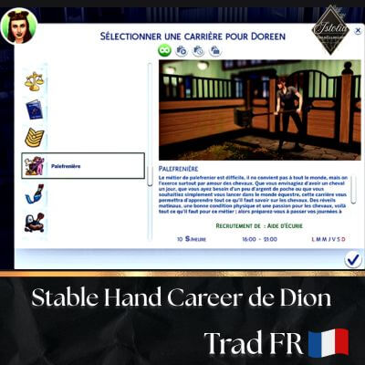 Traduction FR Stable Hand (Palfrenier.ère) de Dion traduit par Istolia Sims 4