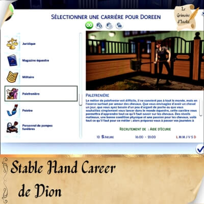 Traduction FR Stable Hand (Palfrenier.ère) de Dion traduit par Istolia Sims 4