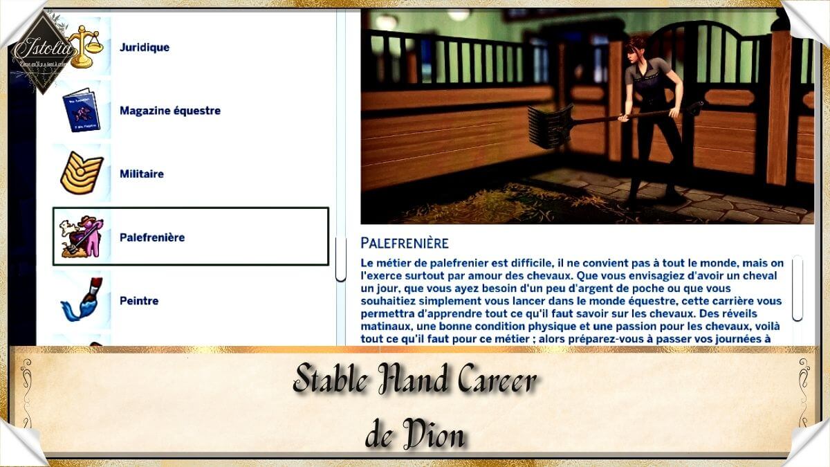 Sims 4 | Traduction FR Stable Hand (Palfrenier.ère) de Dion Traduction FR Stable Hand (Palfrenier.ère) de Dion traduit par Istolia Sims 4