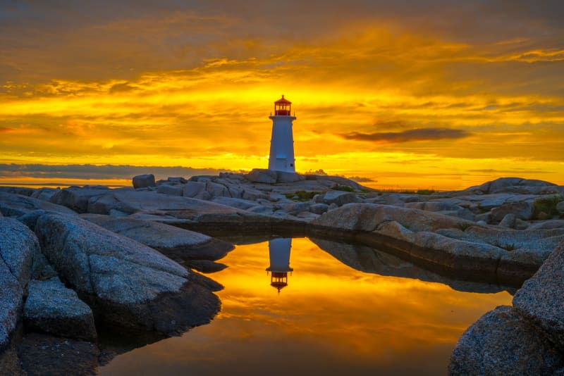 Peggy's Cove lighthouse on granite boulders under a bright Nova Scotia sky.