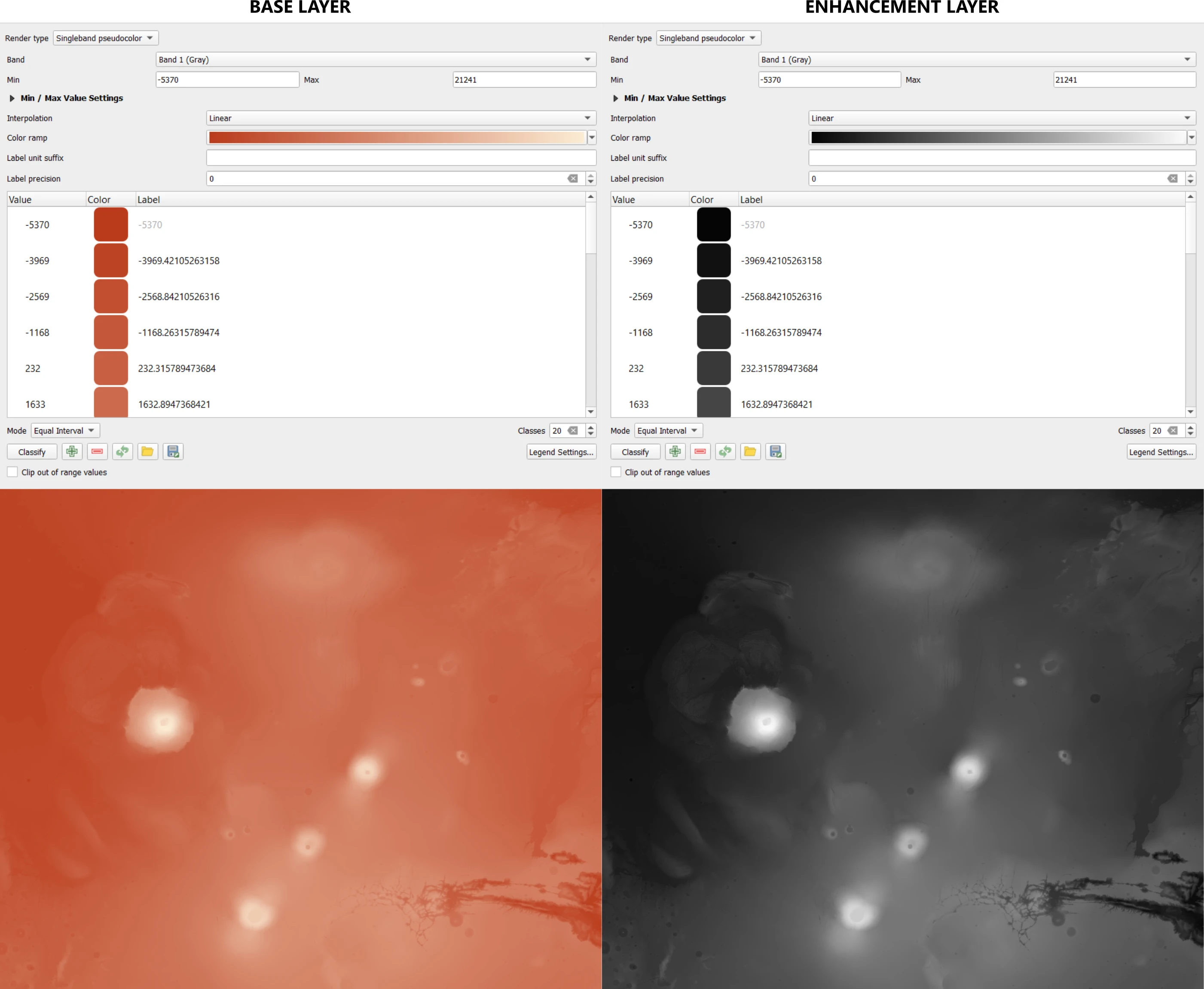Screenshot showing color profiles applied to the DEM in QGIS