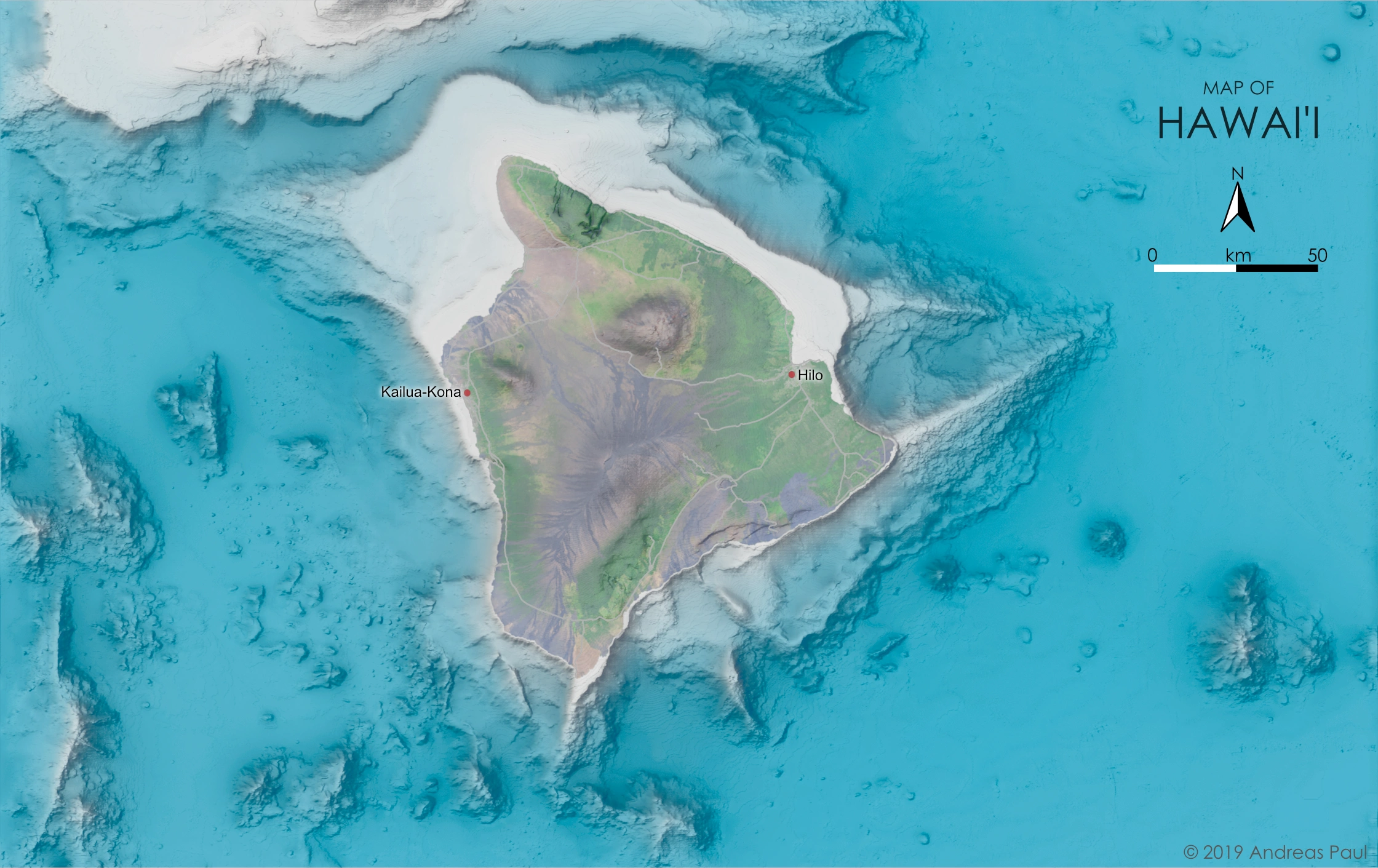 Bathymetric map of the Big Island with a satellite imager overlain