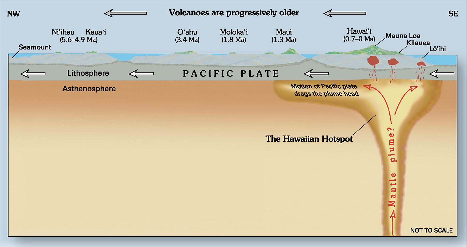 Schematic showing the formation of the Hawaiian island chain through a hotspot