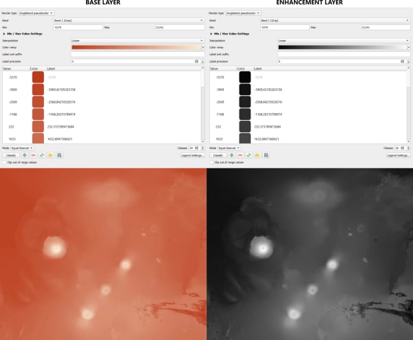 Screenshot showing color profiles applied to the DEM in QGIS