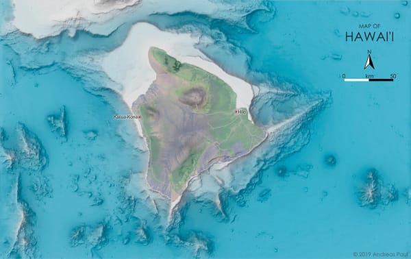 Batymetric map of the Big Island with a satellite imager overlain