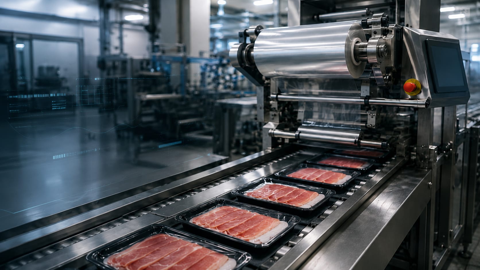 Macchinari industriali per il confezionamento alimentare con linea automatizzata e segnali digitali che rappresentano la presenza nelle risposte AI.