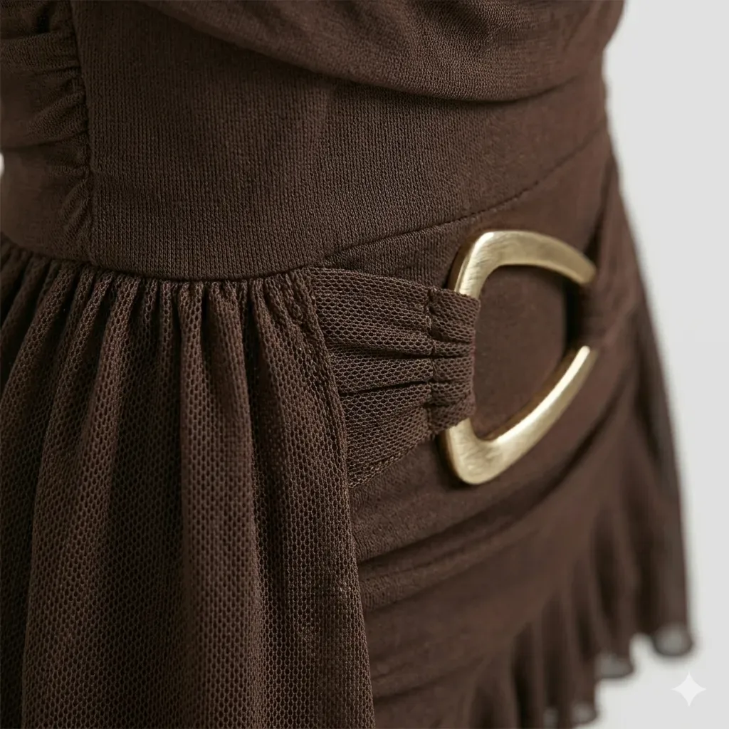 Zentanee Chocolate brown halter cowl neck ruched mini dress with gold buckle and ruffled hem