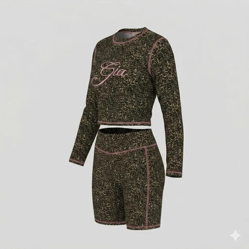 I.AM.GIA leopard print long-sleeve crop top and biker shorts set with pink stitching