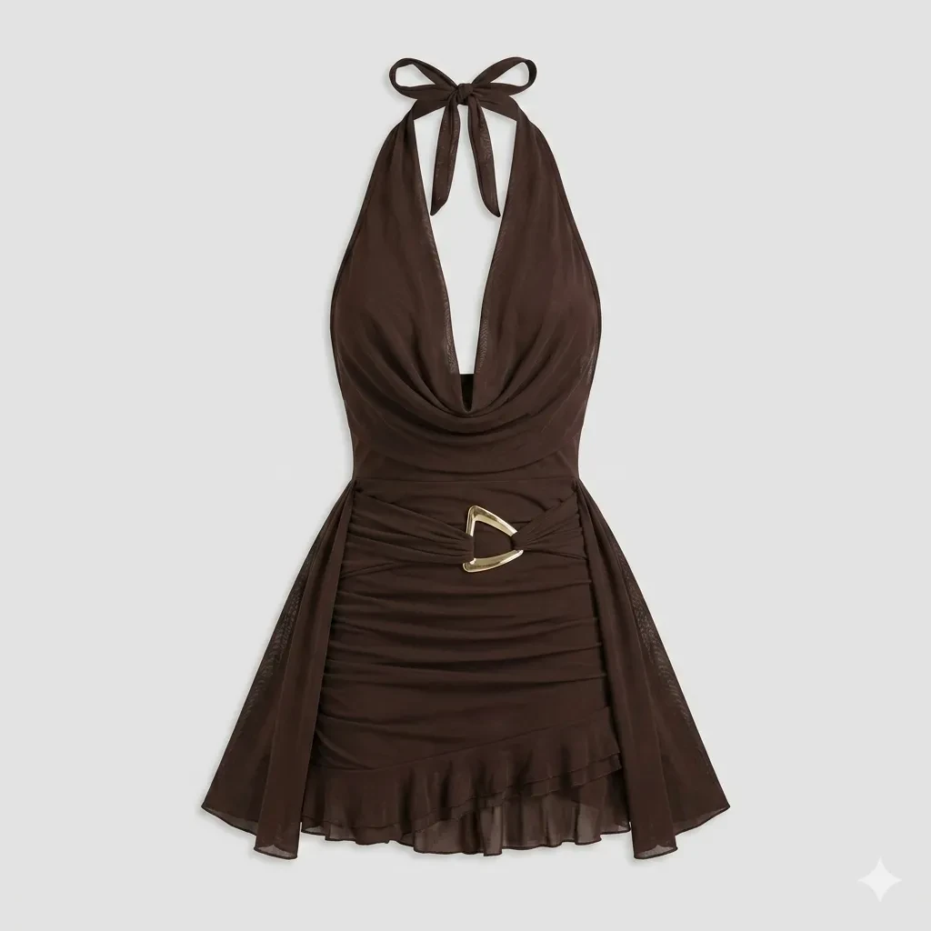 Chocolate Halter Cowl Neck Ruched Mini Dress